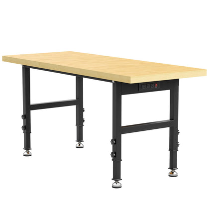 60" Heavy Duty Wood Workbench Table with Power Strip, Adjustable Height Garage Work Table with 4 Rubber Pad,Tool