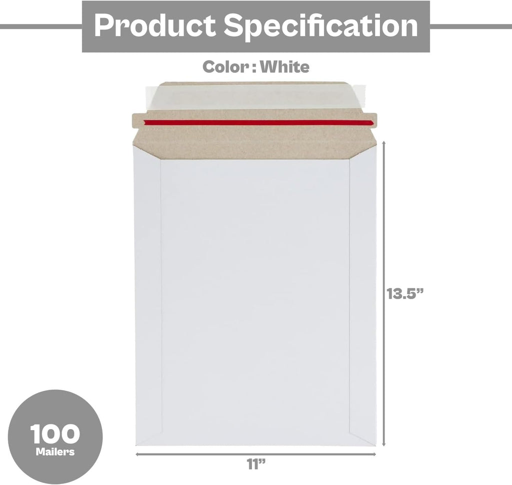 Rigid Mailers, 11 x 13.5 Inch, 100 Pack, Kraft White Cardboard Shipping Envelopes for Photo & Document, Self Seal