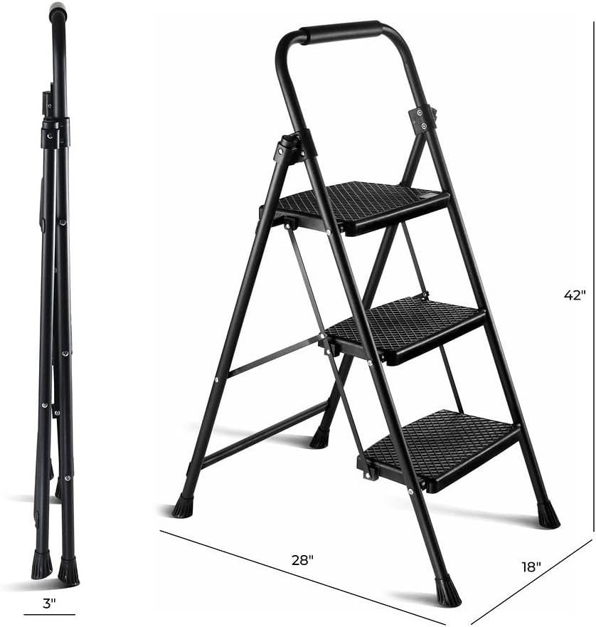 Step Ladder Folding Stool with Wide Anti-Slip Pedal, Lightweight Portable Steel for Home and Office 3 Step