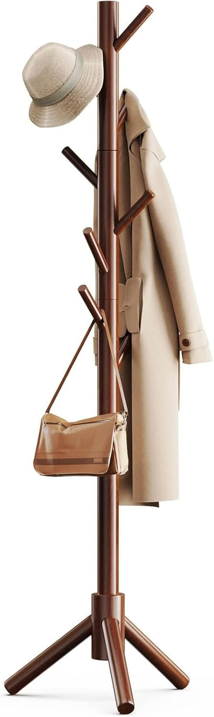 Solid Wooden Coat Rack Freestanding, Hall Tree with 8 Hooks, 3 Height Options for Coats, Hats, Handbags, and Scarves