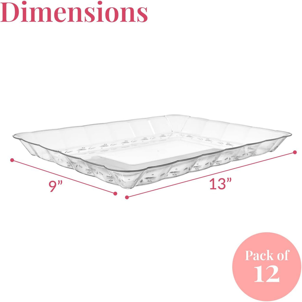12-Pack Serving Tray - 9x13 Inches Disposable Rectangular Plastic Food Tray for Parties and Events - Clear Platters