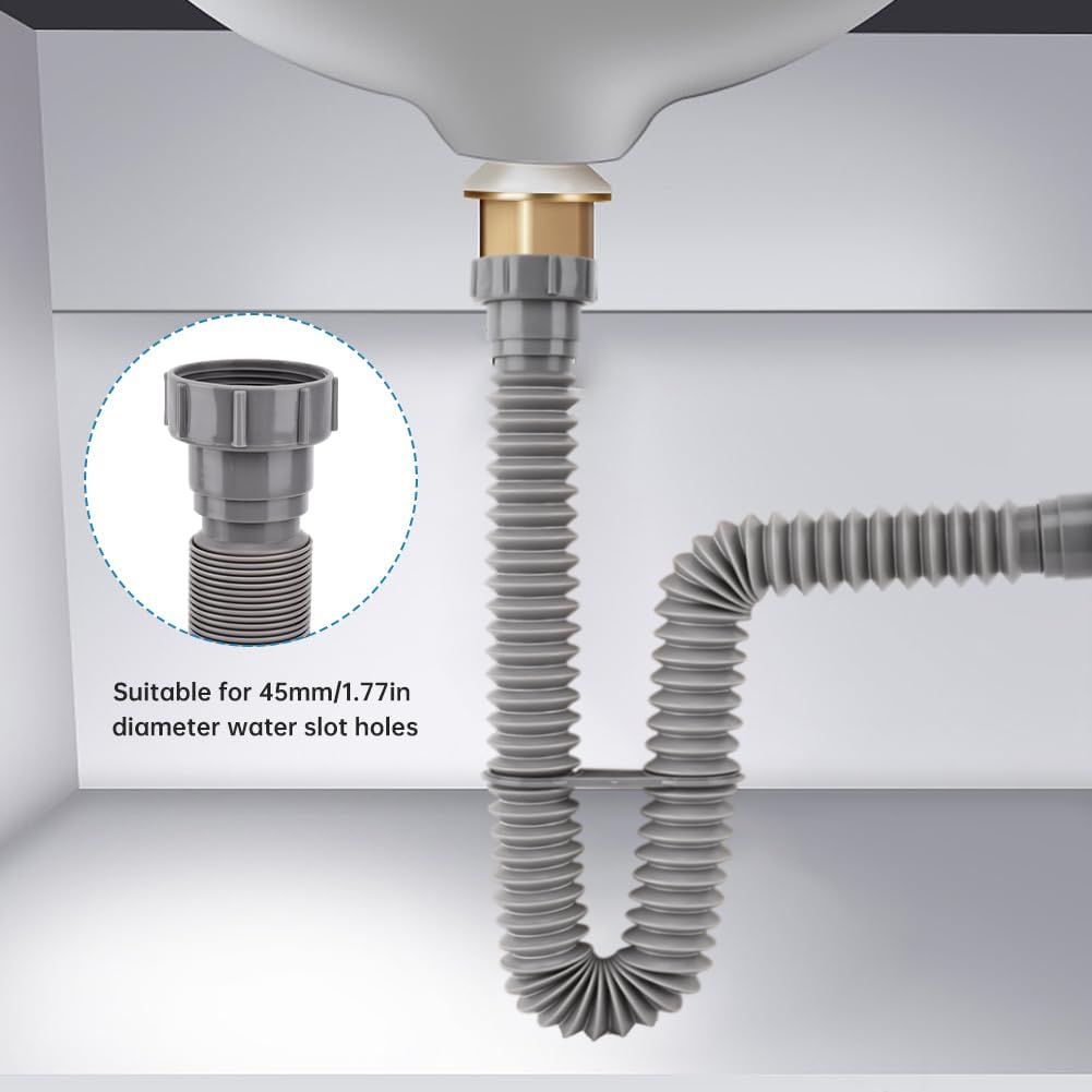 Double Sink Drain Kit, Flexible Sink Drain Pipe 1-1/2 inch Trap Fits Sin-k Bowl Dra-in Expandable All-In-One-Drain