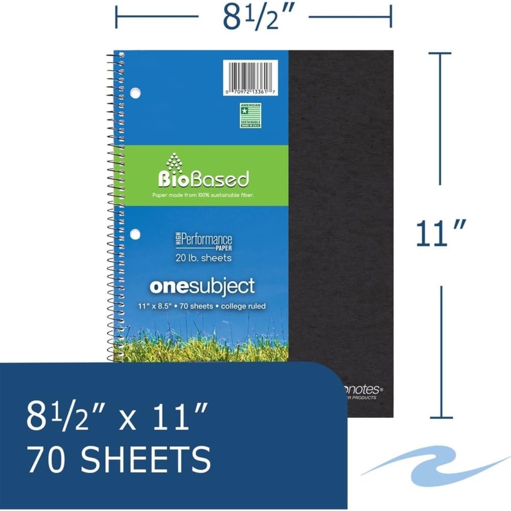 Environotes Recycled One Subject Spiral Notebook, Heavyweight College Ruled BioBased Paper, 11" x 8.5" 70 Sheets