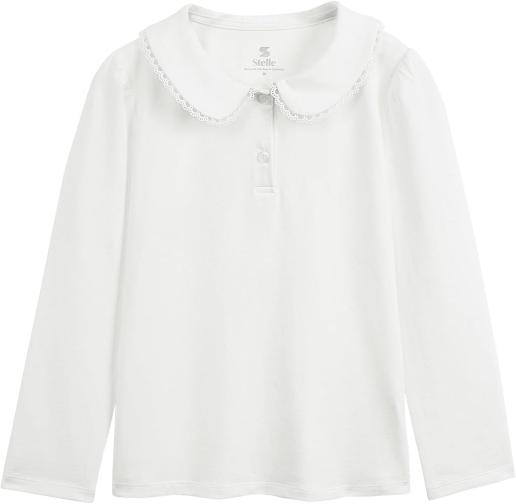 Girls Long Sleeve Polo Shirts School Uniform Peter Pan Collar Tops | Puff Sleeve, Lace Trim, Cotton-Blend, Button