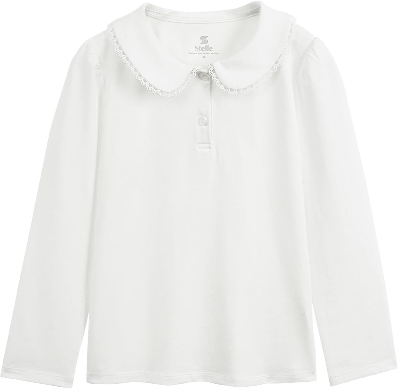 Girls Long Sleeve Polo Shirts School Uniform Peter Pan Collar Tops | Puff Sleeve, Lace Trim, Cotton-Blend, Button