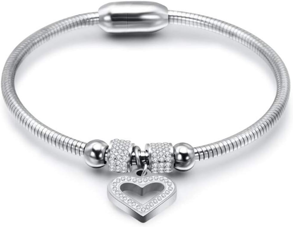 Jewelers Stainless Steel Heart Charm Cubic Zircon Anniversary Valentine Bangle Bracelet
