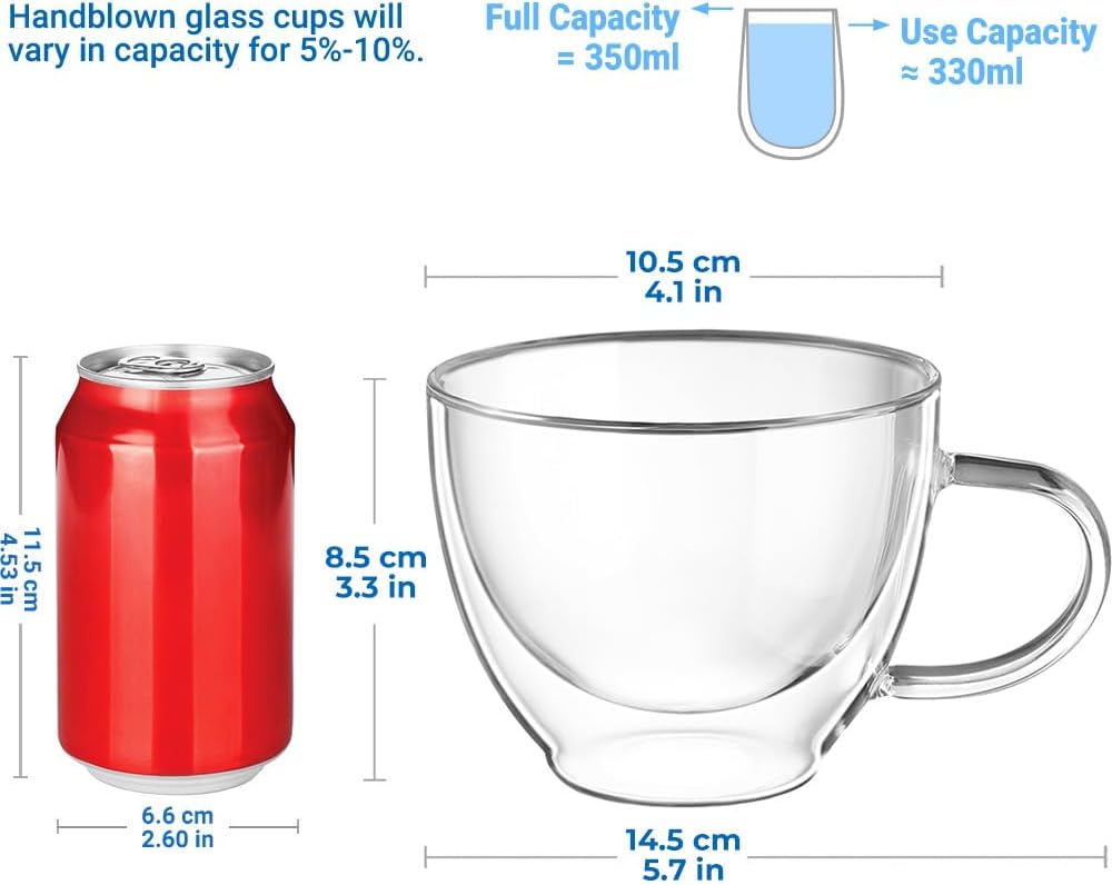 Double Walled Glass Coffee Mug 12 oz Latte Cappuccino Cups Set of 2