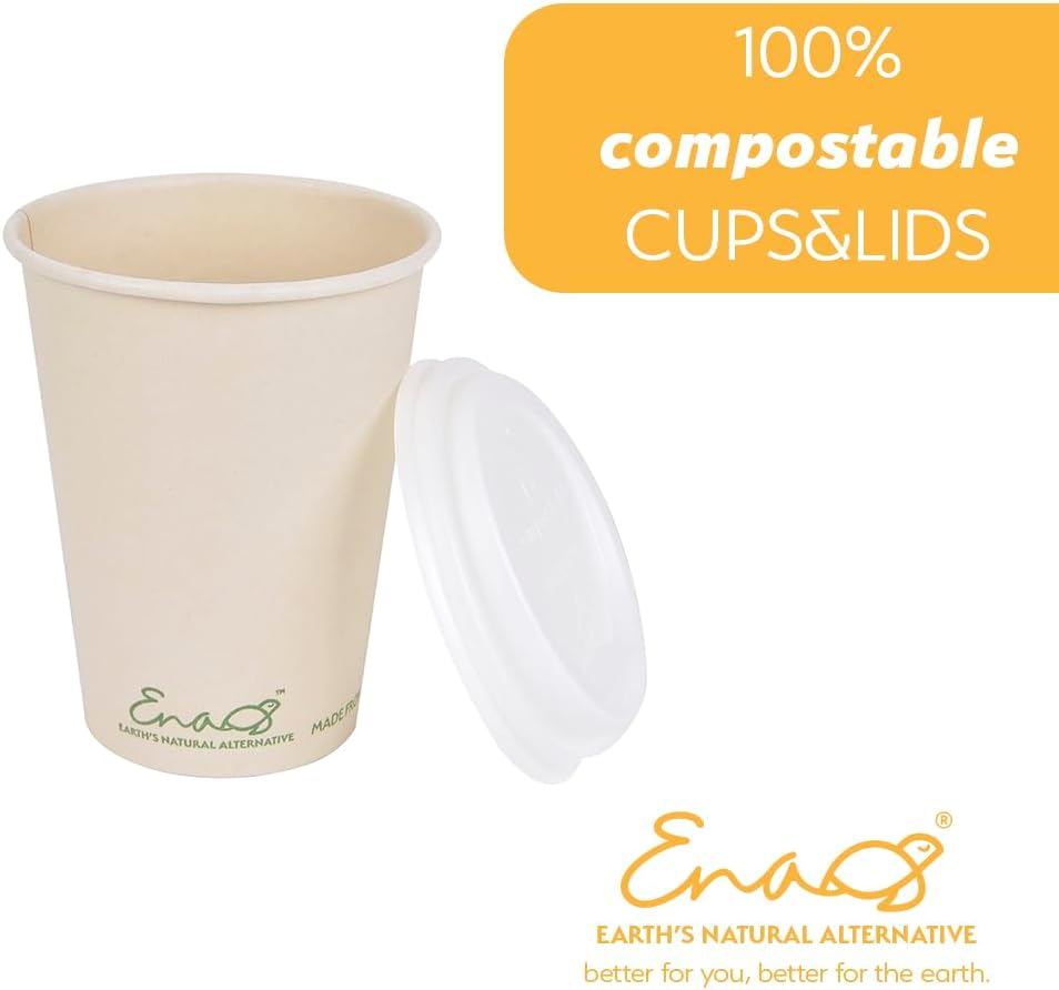 100% Compostable Disposable Coffee Cups with Lids 12oz 80 Set Paper Cups Made from Unbleached Bamboo Fiber