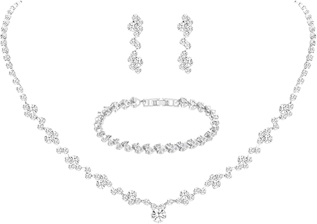 Silver Crystal Bridal Jewelry Set, Teardrop Dangle Earrings Rhinestone Necklace Bracelet for Bride Bridesmaid Crystal
