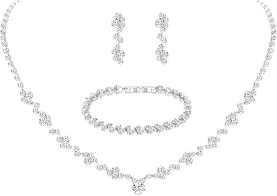 Silver Crystal Bridal Jewelry Set, Teardrop Dangle Earrings Rhinestone Necklace Bracelet for Bride Bridesmaid Crystal