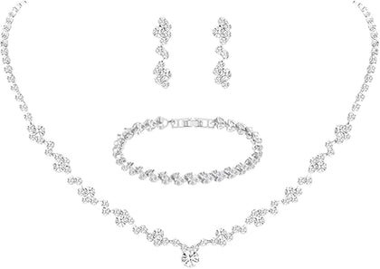 Silver Crystal Bridal Jewelry Set, Teardrop Dangle Earrings Rhinestone Necklace Bracelet for Bride Bridesmaid Crystal