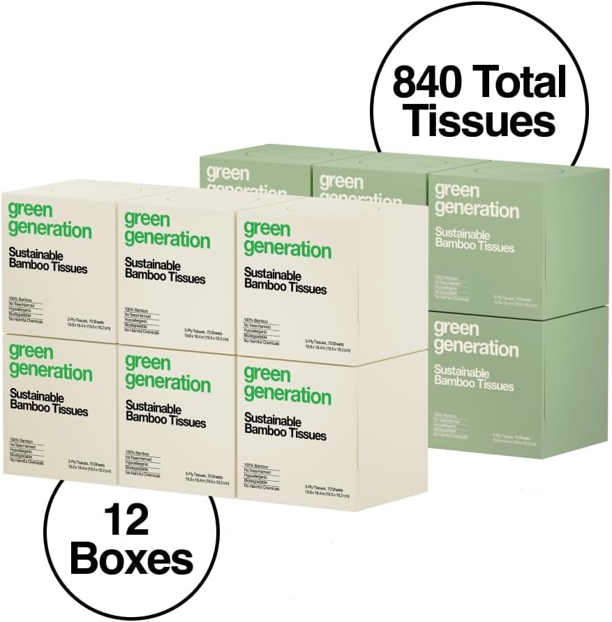Bamboo Facial Tissues Cube Boxes - 3-Ply, 70 Sheets/Box, 12 Multicolor Face Tissue Boxes, 840 Unscented Organic Soft