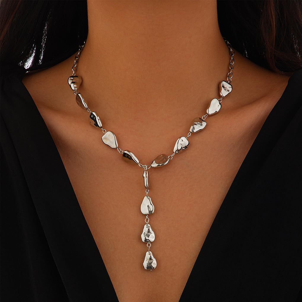 Baroque Gold Teardrop Pendant Necklace for Women Irregular Geometric Waterdrop Choker Necklace Adjustable Y Lariat
