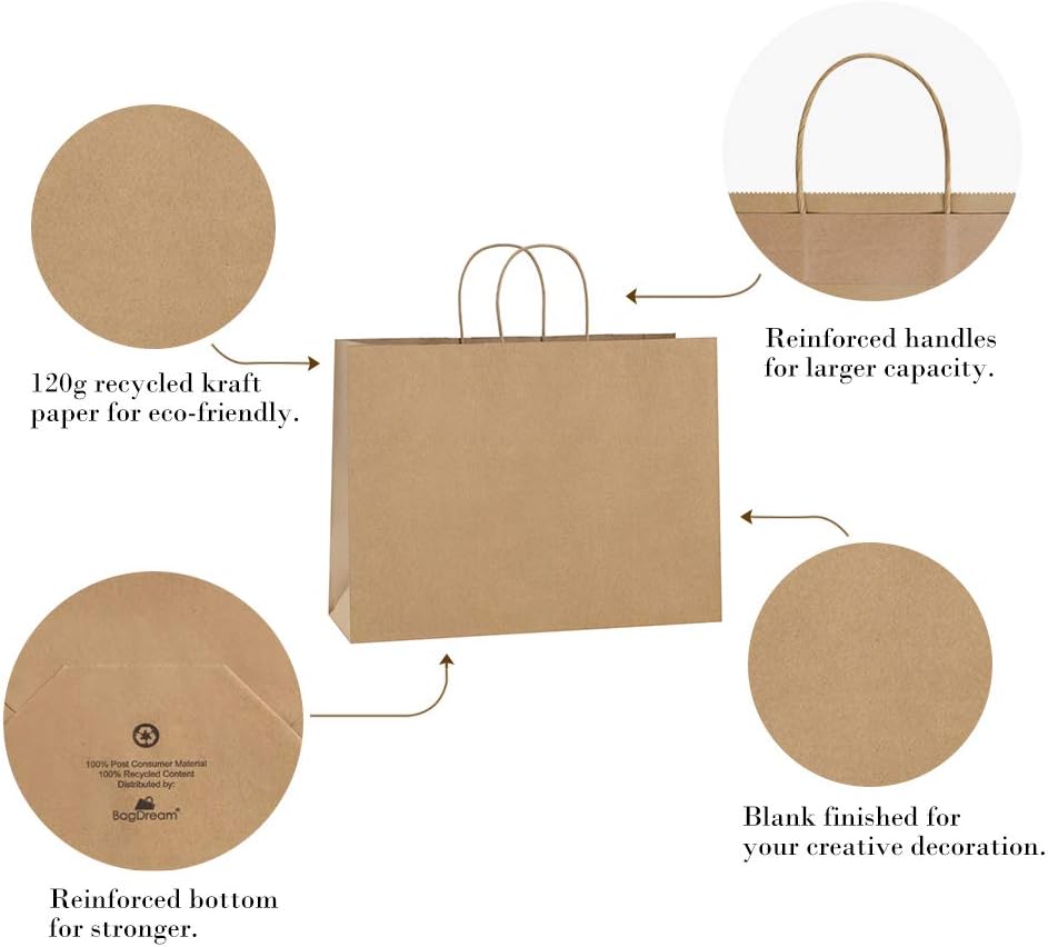 Kraft Brown Paper Bags with Handles 16x6x12 Inch Large 100Pcs Bulk