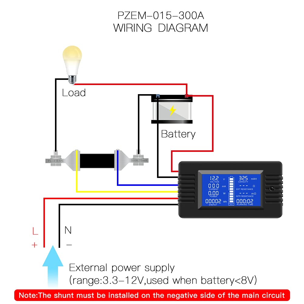 DC 0-200V 300A Battery Monitor with Shunt, 9-in-1 Digital LCD Multimeter | Multimeter for 12V/24V/48V Solar System