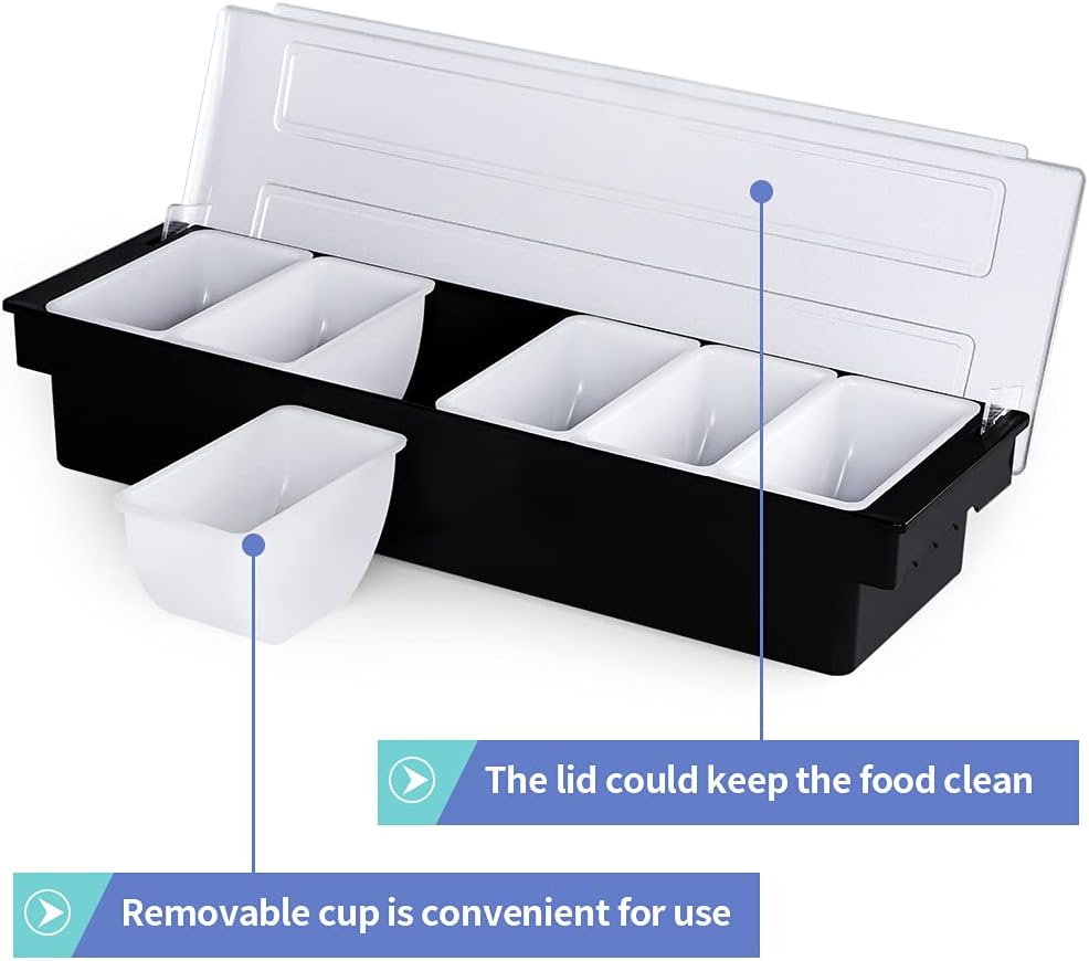 Ice Cooled Condiment Container, 6 Compartments Garnish Tray with Lid, Fruit Veggie Condiment Caddy for Party, Bar
