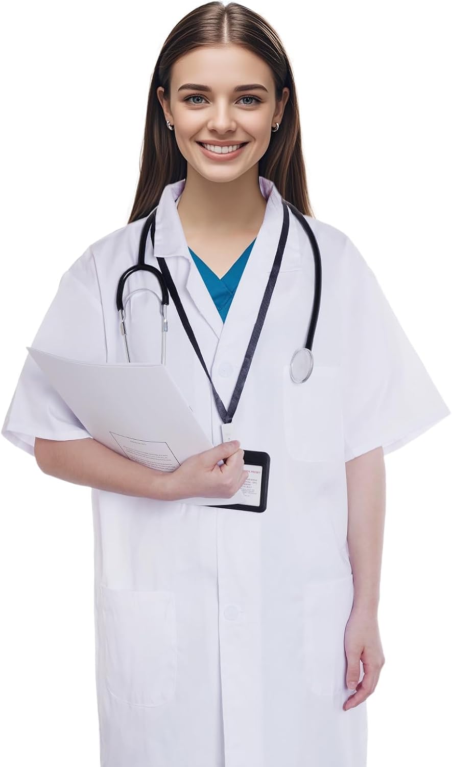 Scientist Doctor Costume Women Men Halloween White Short Sleeve Lab Coats with Stethoscope ID Card for Student Adult