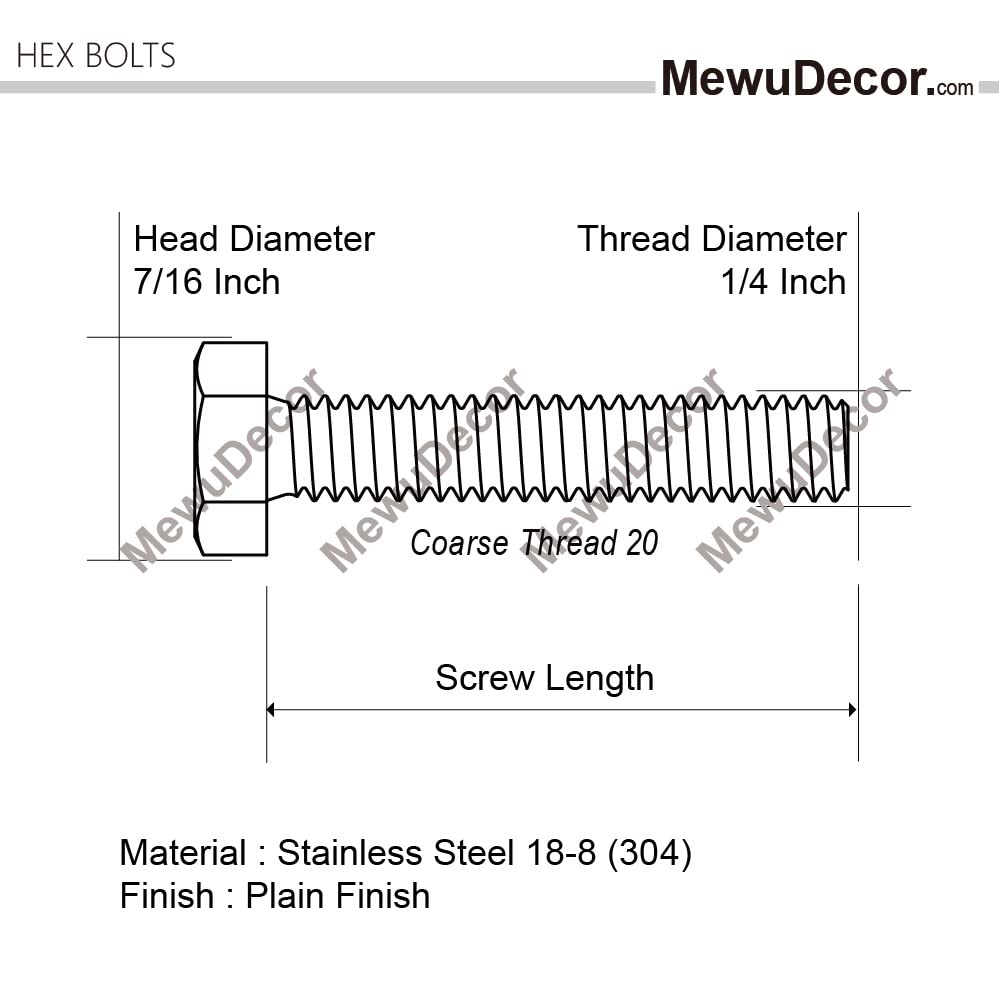 1/4-20 x 2 Hex Head Cap Screws Hexagon Bolts, External Hex Drive, Stainless Steel 304, UNC Coarse Thread Fully Threaded, Quantity 25