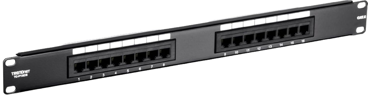 16-Port Cat6 Unshielded Patch Panel, TC-P16C6 | Rackmount, 1U 19", Cat3,Cat4,Cat5,Cat5e,Cat6 Compatible, 250Mhz