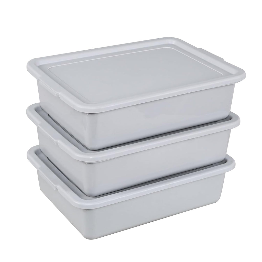 3-Pack Plastic Bus Tub, 13 L Plastic Meat Lug with Lid, Gray