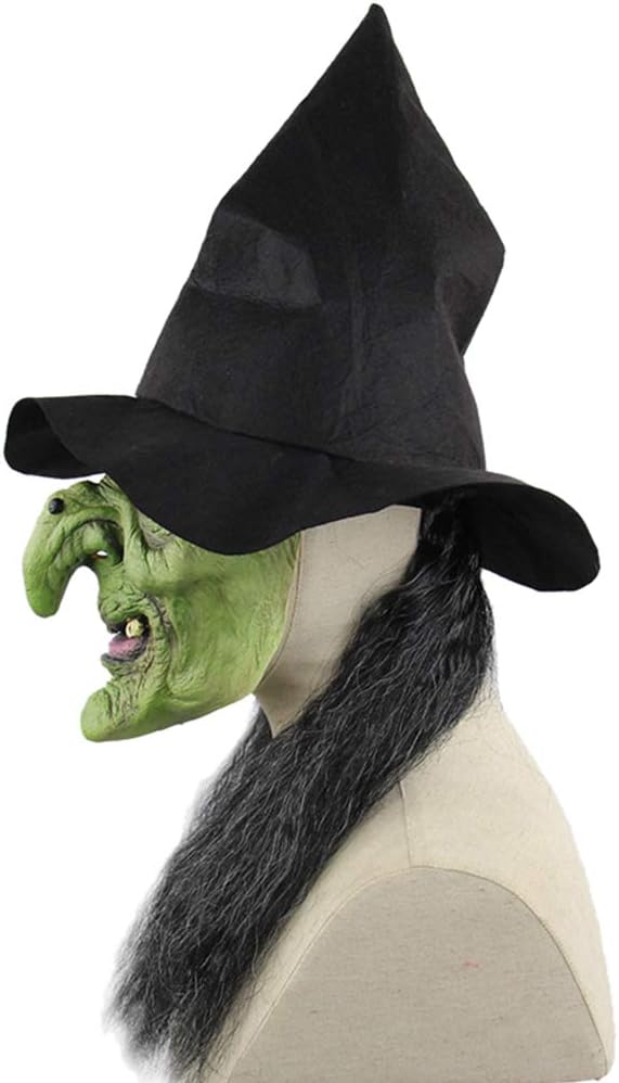 Halloween Scary Green Old Woman Hag Witch Mask with Hair Hat | Horrific Old Witch Evil Mask Horror Face Zombie Dress