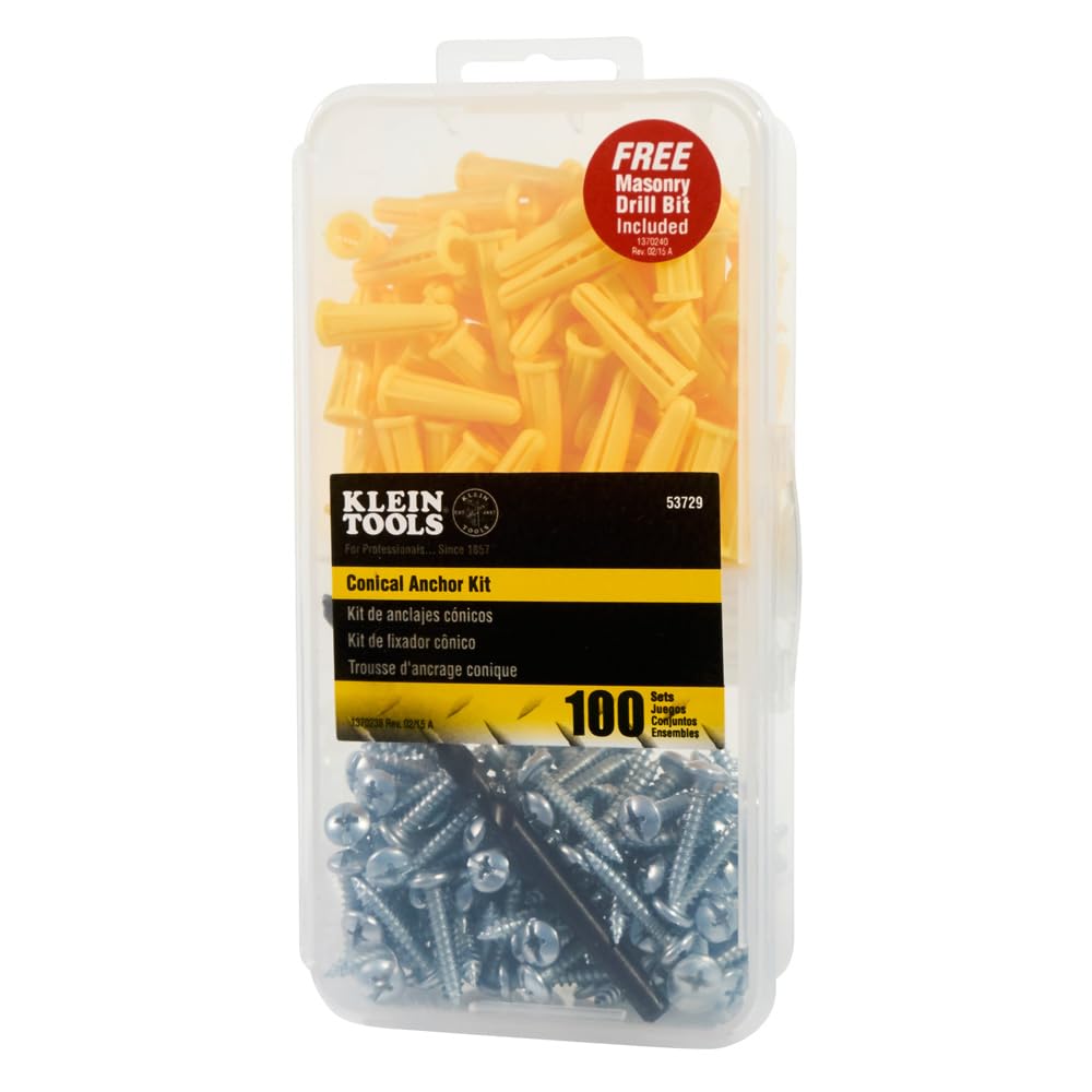Klein Tools 53729 Conical Anchor Kit, 100 Anchors and Screws, One Drill Bit