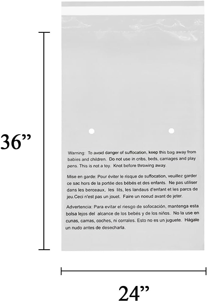 24” X 36” (30 Count) Self Seal Clear Poly Bags with Suffocation Warning for Packaging, Shipping - Permanent Adhesive