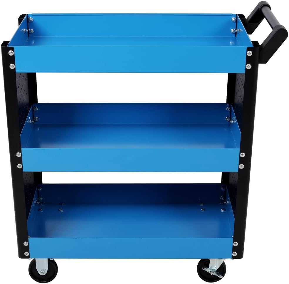 3 Tier Rolling Tool Cart on Wheels,Heavy Duty Utility Tool Cart with Pegboard for Repair Shop, Garage, Warehouse (Blue)