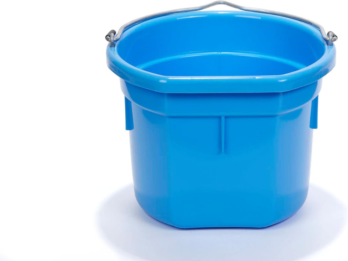 Flat Back Plastic Animal Feed Bucket | Animal Feed Bucket with Metal Handle | Horse Stall Feeding and Watering
