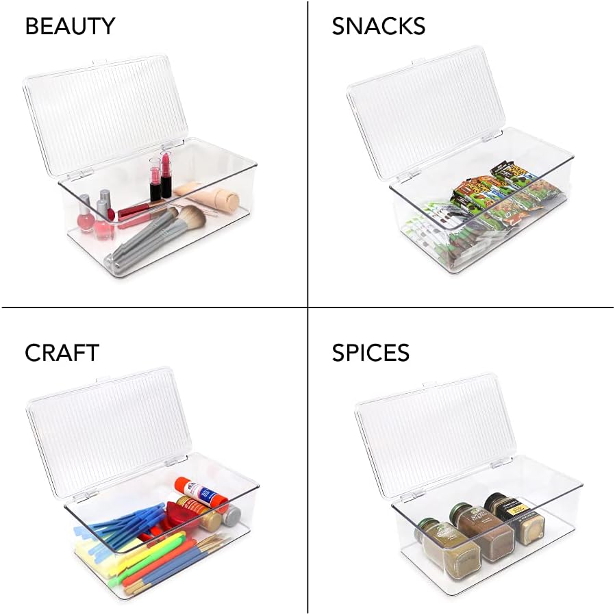 Medium Stackable Organizer Bin (10.75”x6.5”x3.7”) w/ Hinged Lid, Clear Storage Box, Home, Office, School, Fridge