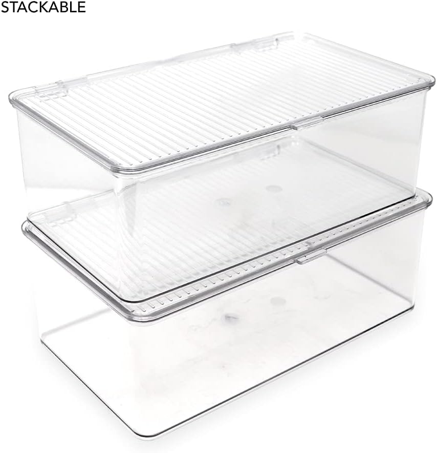 Medium Stackable Organizer Bin (10.75”x6.5”x3.7”) w/ Hinged Lid, Clear Storage Box, Home, Office, School, Fridge