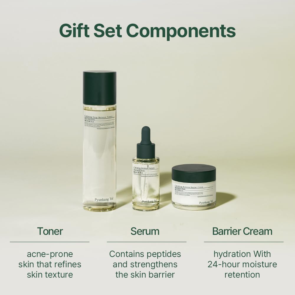 PKY Calming Line Gift Box Set-Korean Facial Skin Care Essential for Daily Moisturizing with Toner, Serum, Cream
