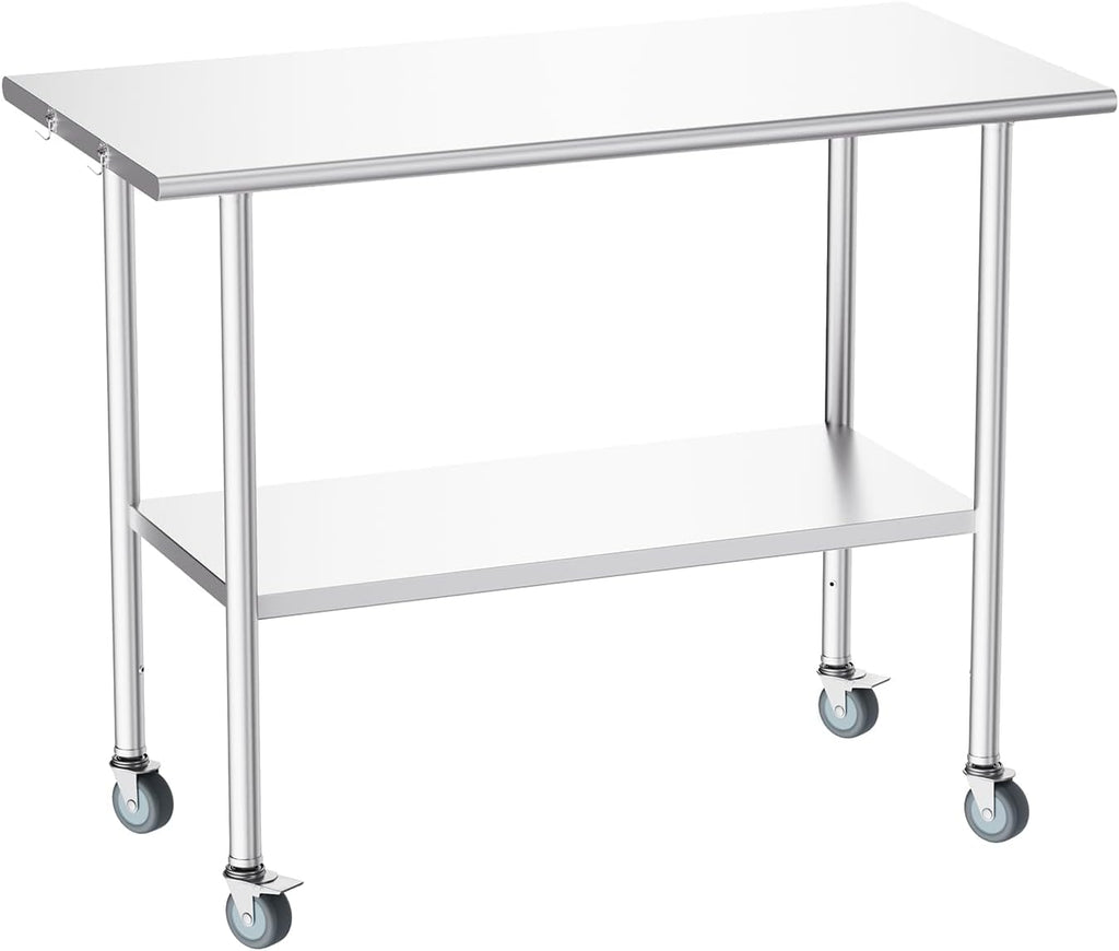 NSF Stainless Steel Prep Table 24X48 inch, Flat Top & Casters