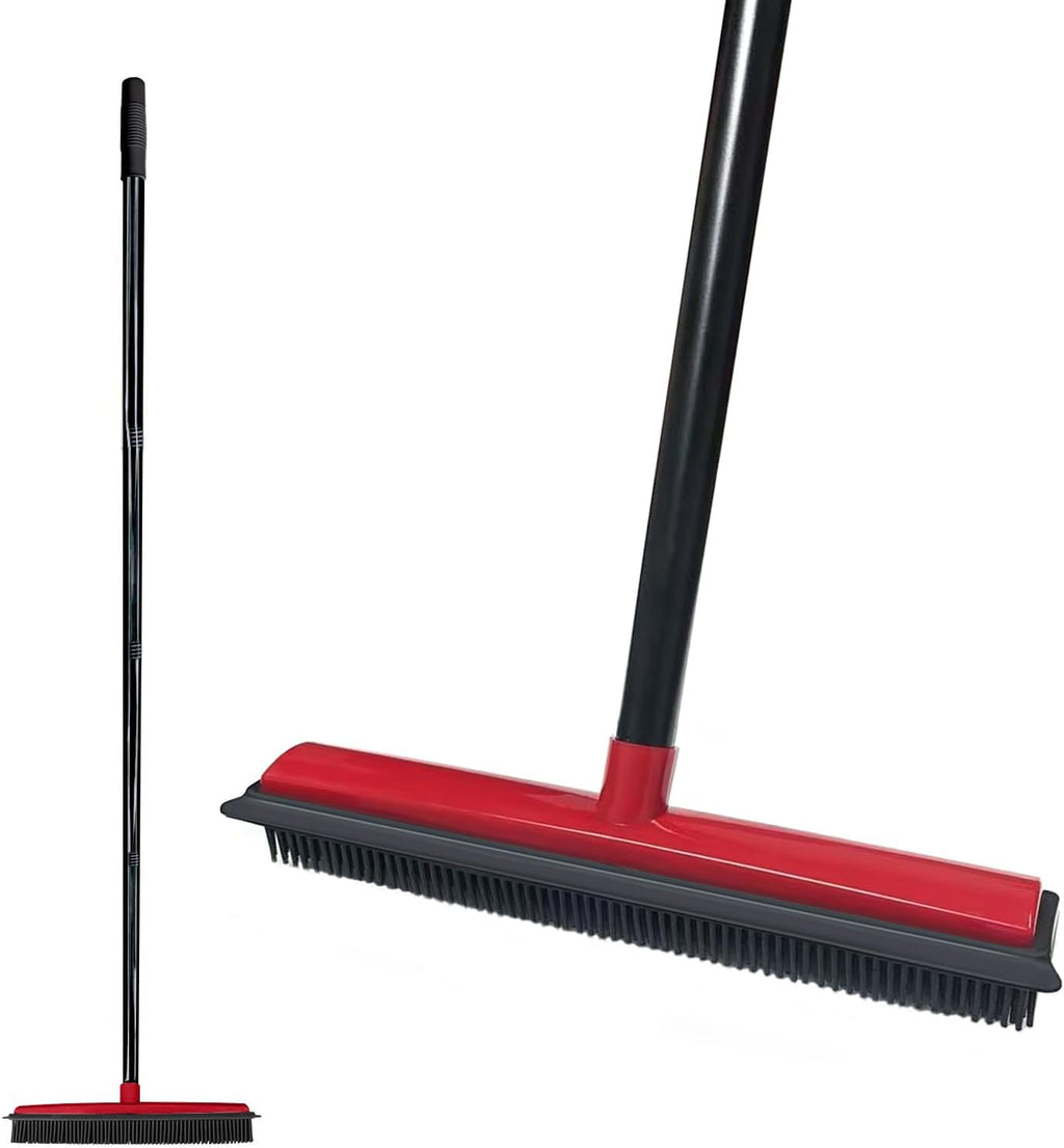 50" Carpet Rake Pet Hair Removal, Rubber Broom with Built-in Squeegee, Red