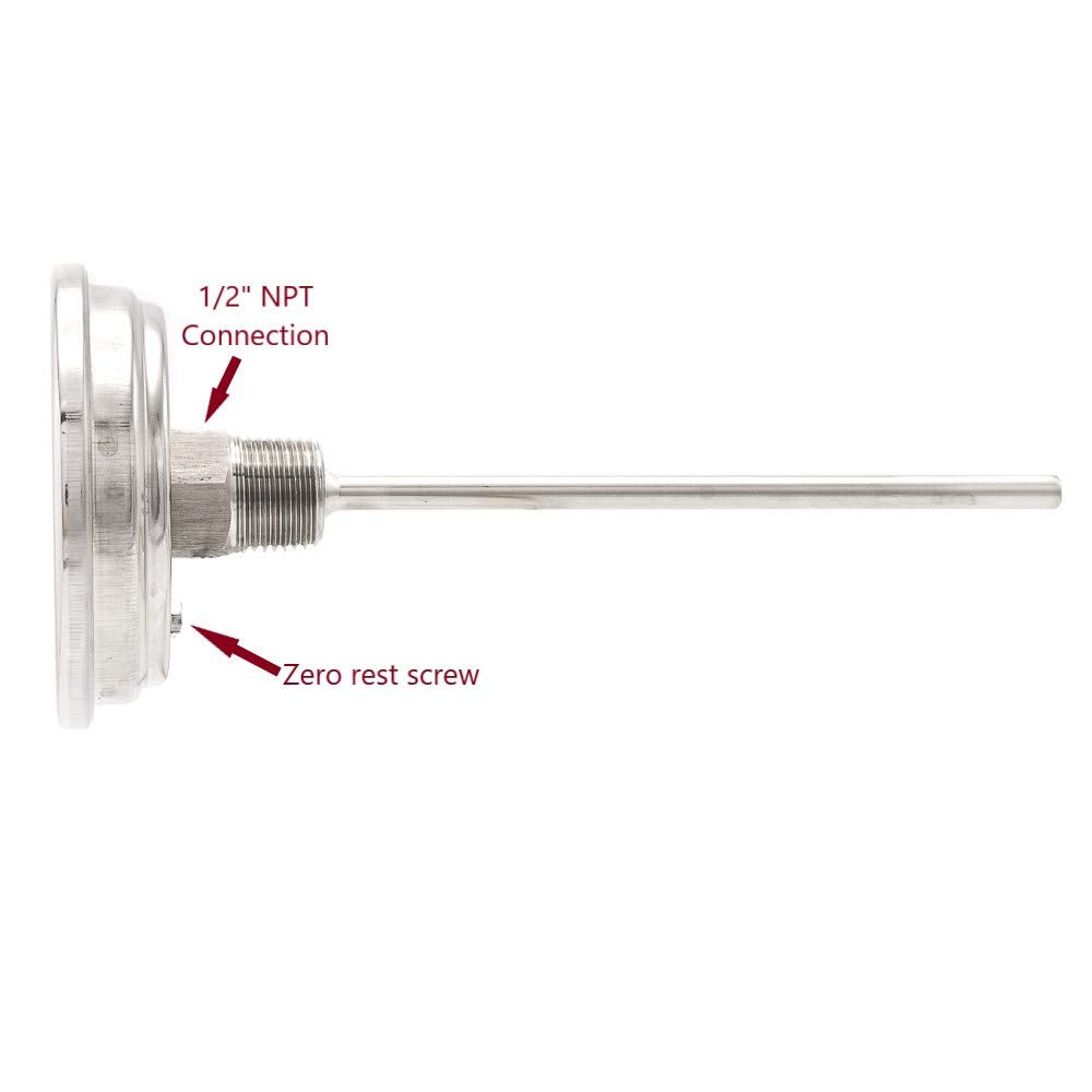 PIC Gauges B3B6-AA SS Case Bimetal Thermometer, 316 SS Stem, Back Angle Connection, 3" Dial, 6" Stem Length, -40/120° F & -40/50° C Temperature Range