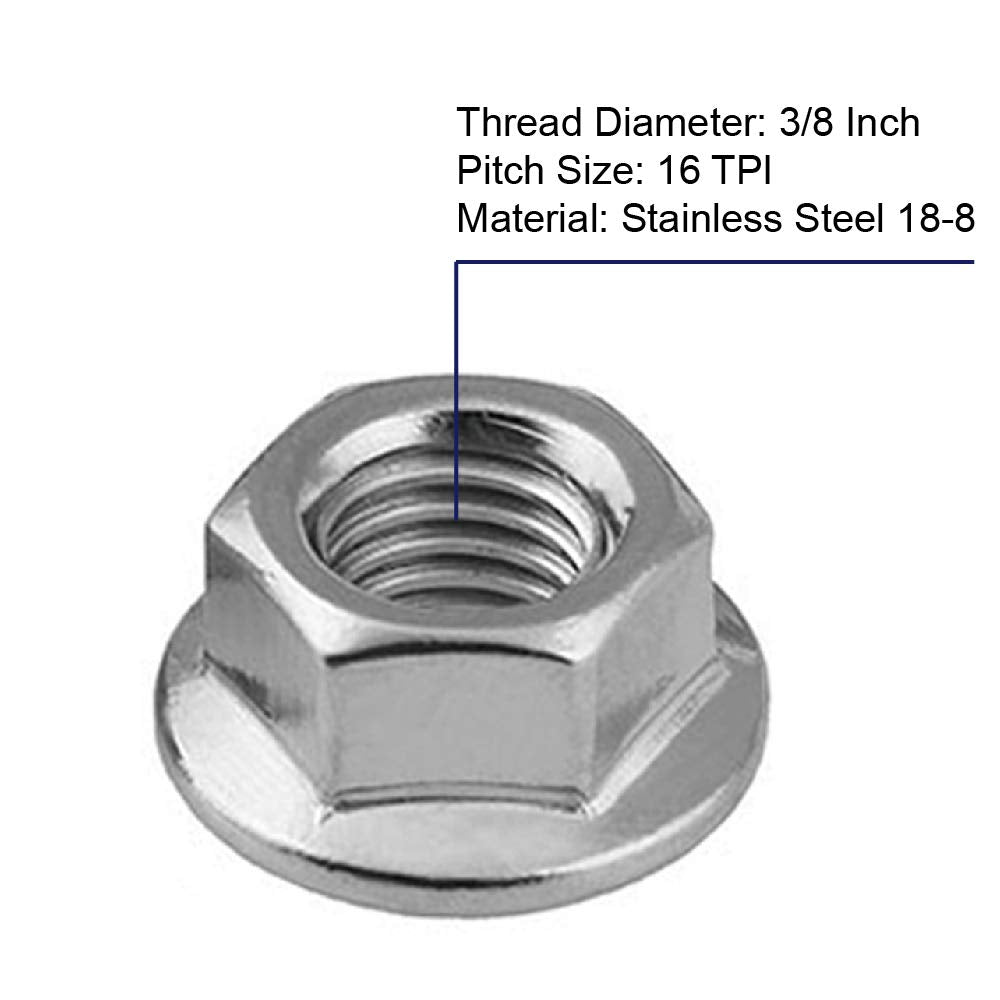 3/8-16 Serrated Flange Hex Lock Nuts, Stainless Steel 18-8 (304), Bright Finish, 10 PCS
