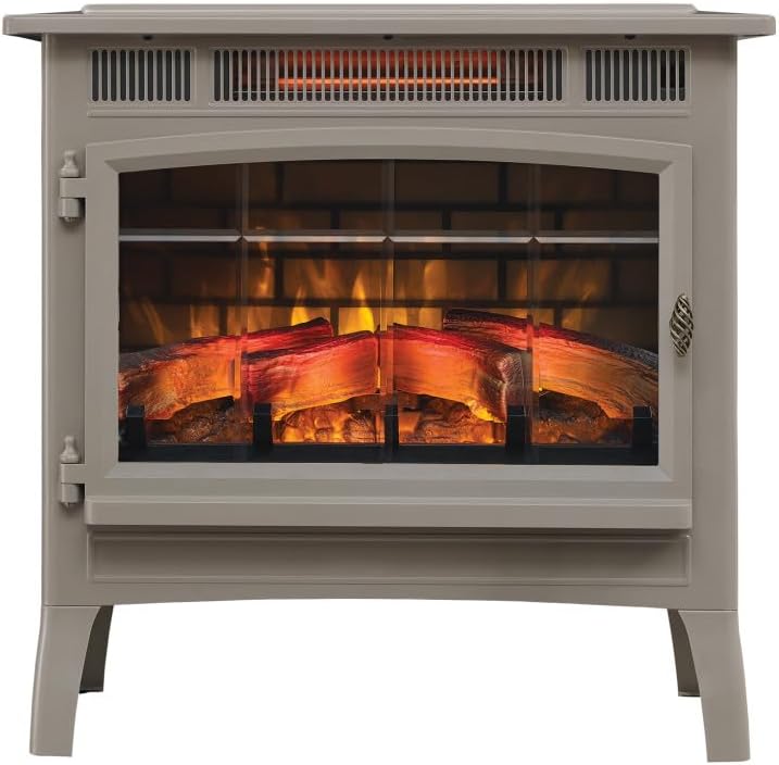 Freestanding Electric Fireplace Stove Heater with 3D Flame Effect for 1,000 Sq. Ft. Room, French Gray
