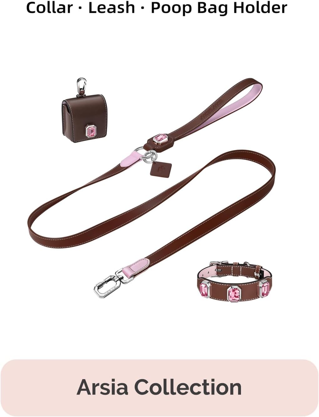 Vegan Leather Dog Collar with Emerald Cut Crystals, Caramel