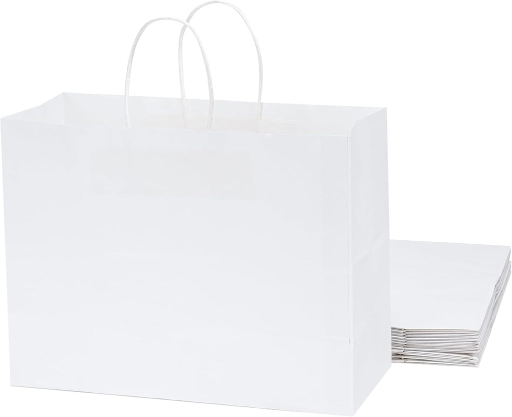 White Gift Bags with Handles, Large 13x10x5.5 Inch, 25 Pack