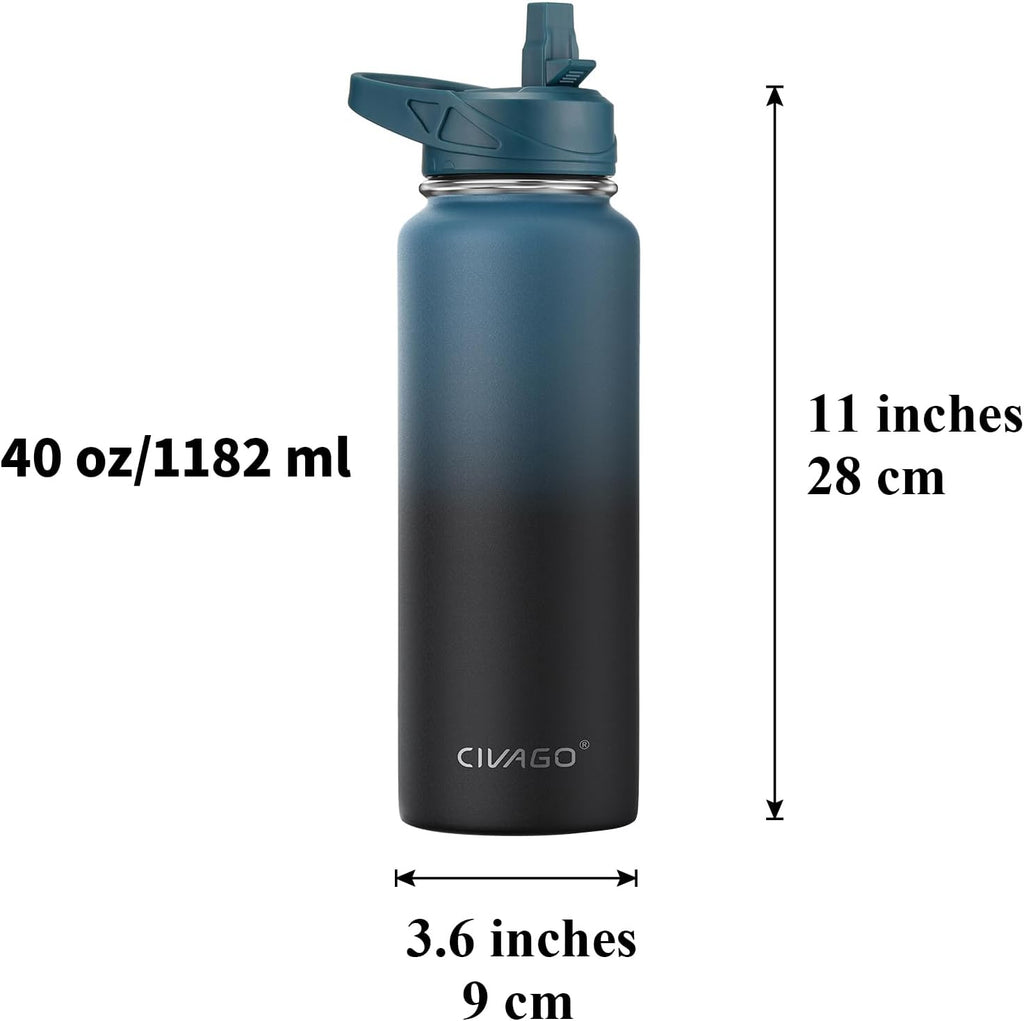 40 oz Insulated Stainless Steel Water Bottle With Straw and 3 Lids | Large Metal Sports Water Jug, Leakproof Reusable