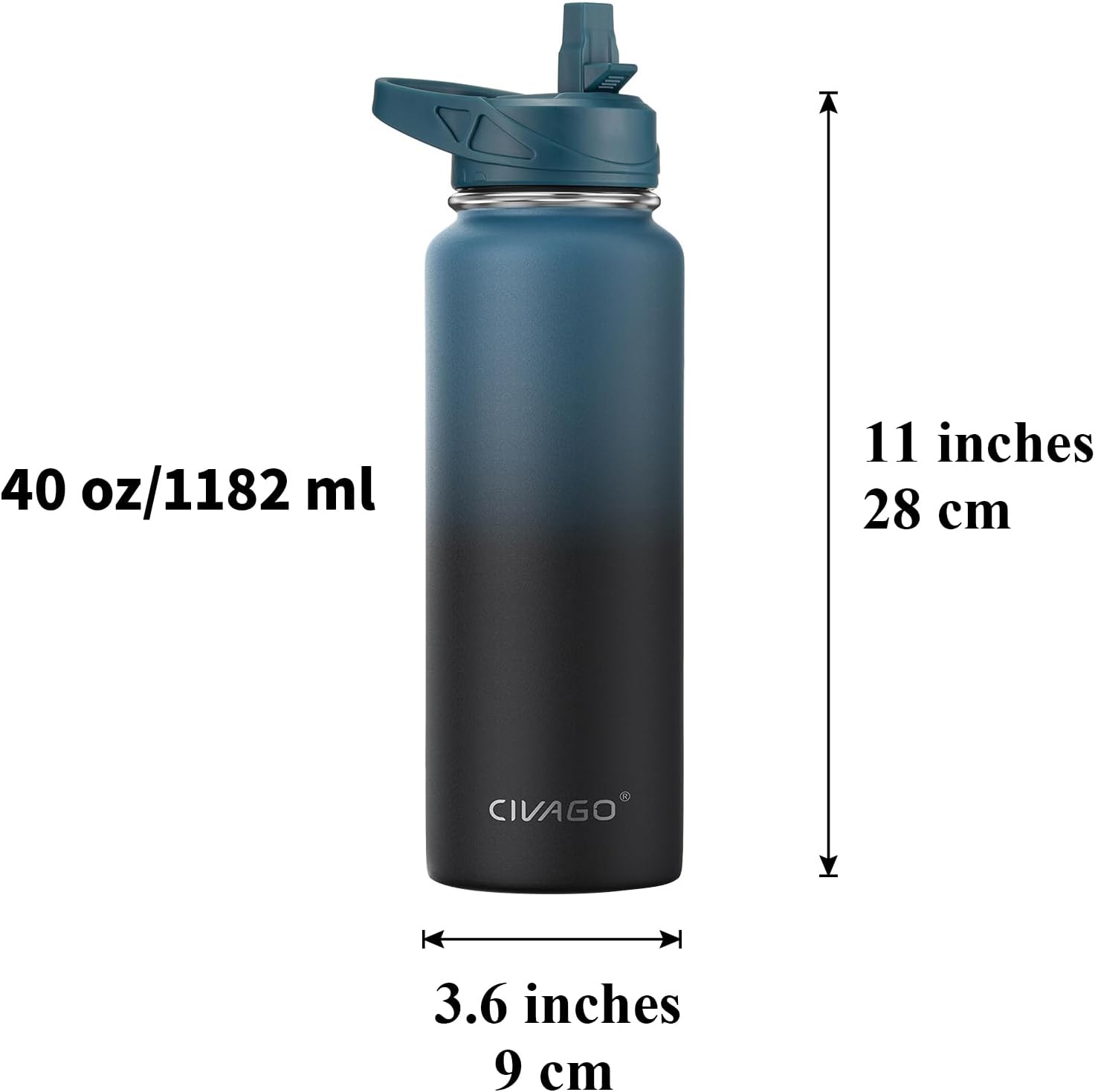 40 oz Insulated Stainless Steel Water Bottle With Straw and 3 Lids | Large Metal Sports Water Jug, Leakproof Reusable