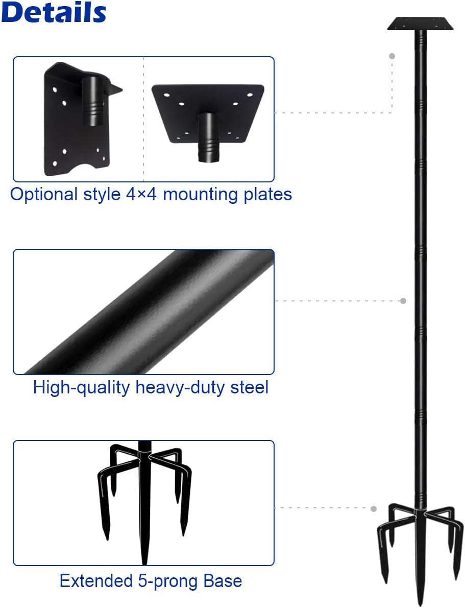 105 Inch Bird Feeder Pole Kit, Heavy Duty Bird House Pole Set with 5-Forked Base, Adjustable Universal Mounting Post