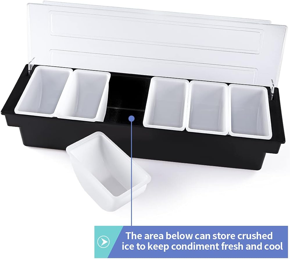 Ice Cooled Condiment Container, 6 Compartments Garnish Tray with Lid, Fruit Veggie Condiment Caddy for Party, Bar