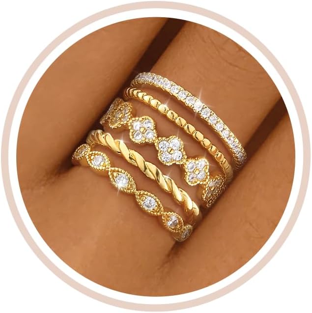 Gold Stackable Rings for Women Non Tarnish 14K Gold Plated Cubic Zirconia Stacking Chunky Eternity Band Rings Dainty