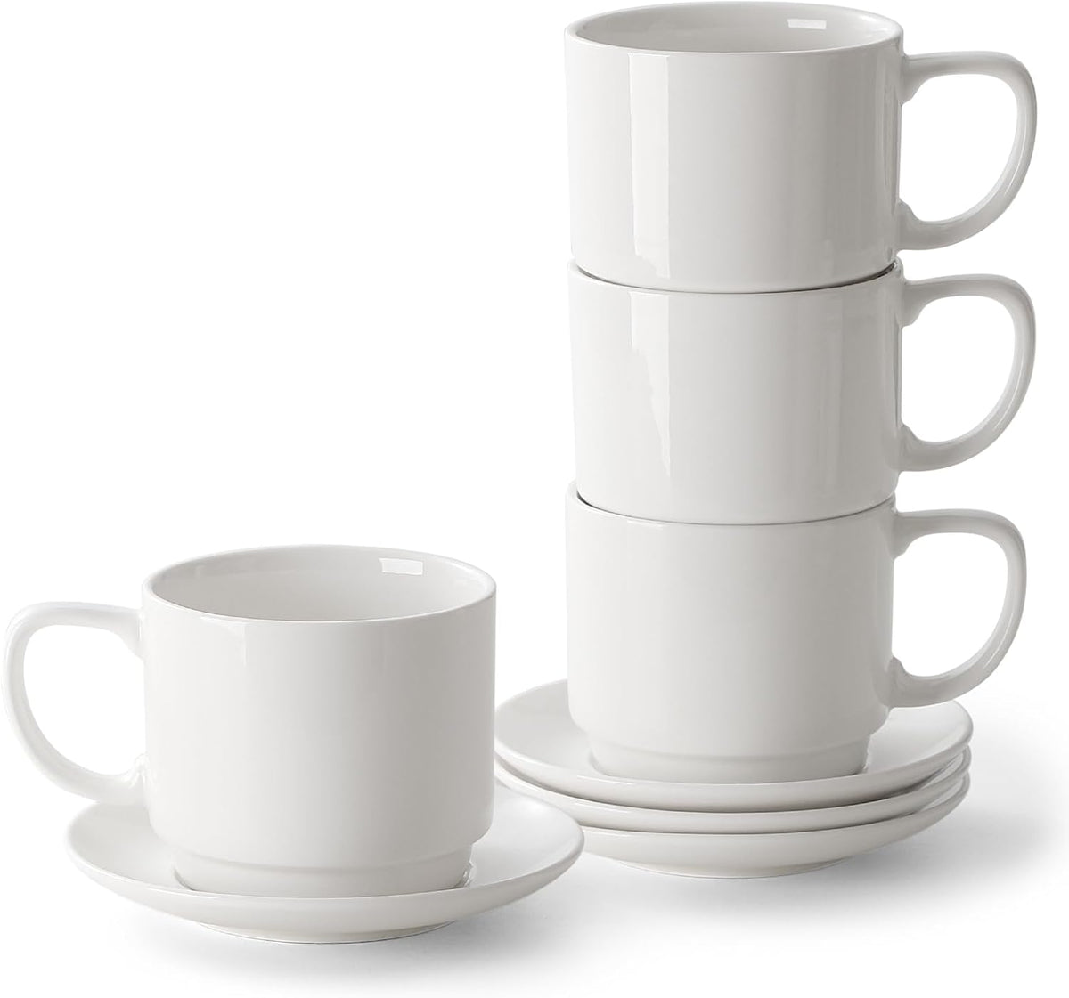 12oz Coffee Mugs, Cappuccino Cup and Saucer Set of 4, White Ceramic Coffee Cups for Latte/Tea/Milk, Tea Cups for Use
