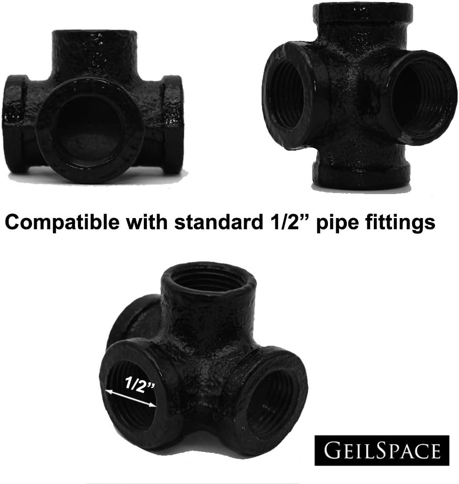 GeilSpace 2 Pack 4-Way, Malleable Iron Pipe Fittings (1/2", Black)