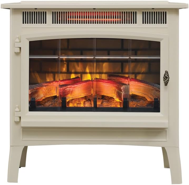 Freestanding Electric Fireplace Stove Heater with 3D Flame Effect for 1,000 Sq. Ft. Room, Cream