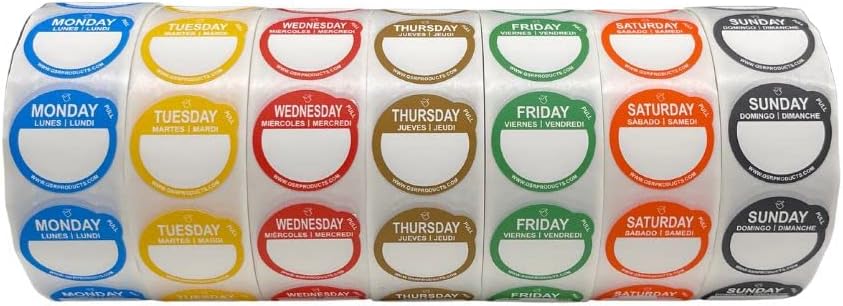 Removable Day Label - 1 inch - Peel Tab - Week (Mon-Sun) (7000 Stickers) - Food and Restaurant Day Dots - FIFO