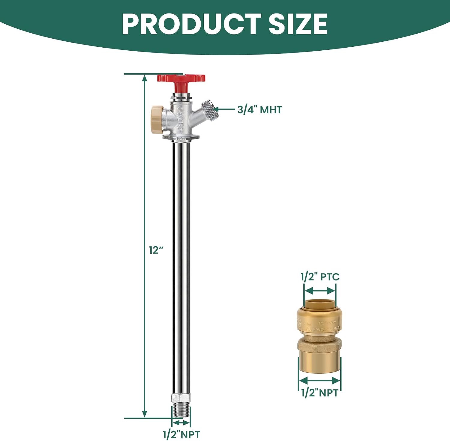 12 Inch Anti-Siphon Frost-Free Outdoor Sillcock, Lead-Free Brass Frost-Proof Faucet Bib with Backflow Preventer, 1/2"