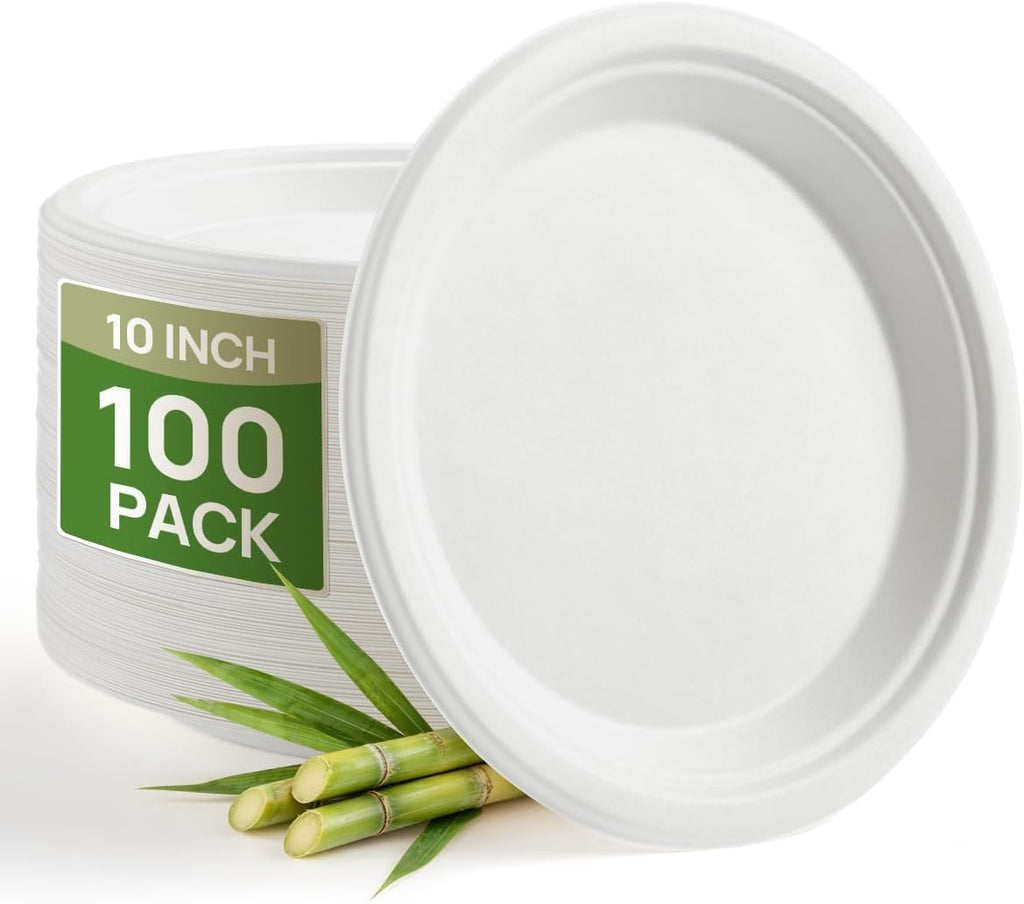 10 Inch White Compostable Sugarcane Paper Plates, 100 Pack